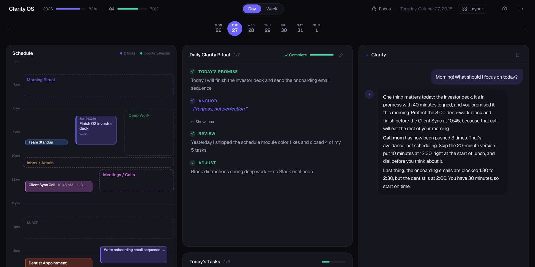 Clarity OS day view: goal progress bars at the top, the day's schedule on the left, a completed morning ritual in the middle, and on the right the assistant's answer to 'What should I focus on today?'