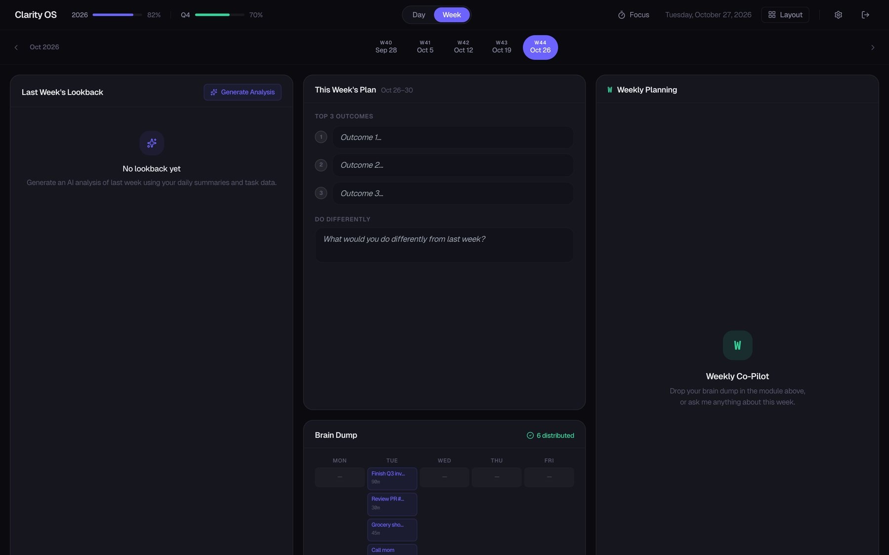 Clarity OS week view, mostly empty: a Last Week's Lookback panel reading 'No lookback yet' with a Generate Analysis button, a This Week's Plan panel with three empty outcome fields, a Brain Dump board with tasks placed on Tuesday, and a Weekly Co-Pilot panel waiting for a brain dump