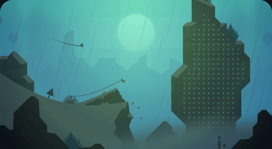 Alto's Odyssey: a snowboarder on a long dune slope under a teal sky, between tall rock formations