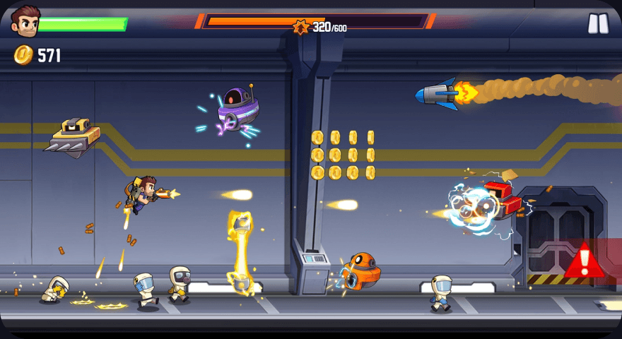 Jetpack Joyride: the hero flying a jetpack down a lab corridor past coins, a missile and robots