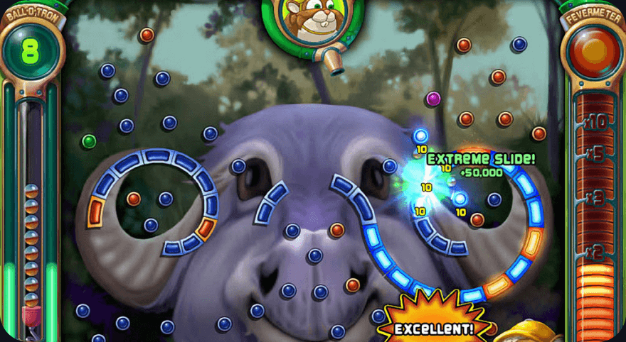 Peggle: a board of blue and orange pegs and curved rails over a large illustrated animal, with the launcher at the top and score meters at the sides