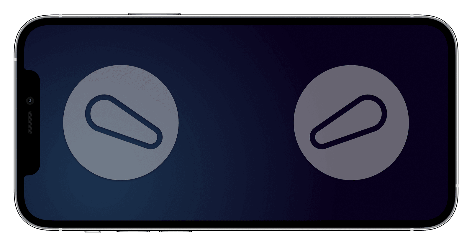 A phone held in landscape showing two large round buttons, one for each flipper