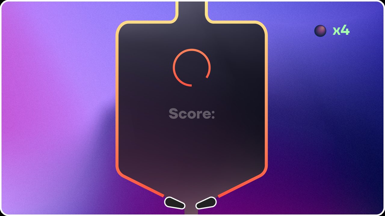 Game screen: the table with a ring at its center, the score, the flippers at the bottom and a ball counter in the corner
