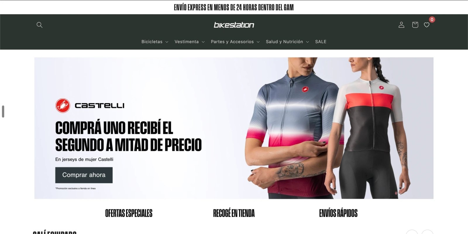 The BikeStation online store on desktop: a dark header with the BikeStation logo and menus for bikes, apparel, parts and accessories, health and nutrition, and sale, above a Castelli jersey banner and three service headings