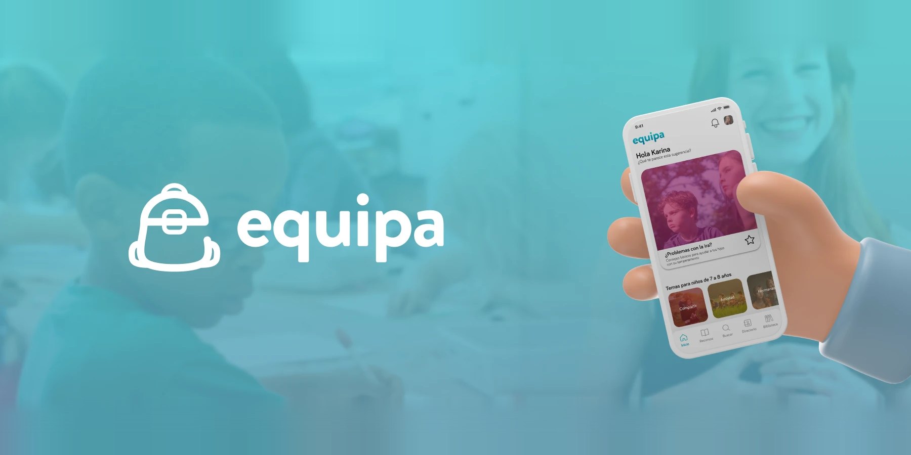 The Equipa logo, a backpack outline beside the lowercase wordmark, next to a phone held in a 3D hand, on a teal background