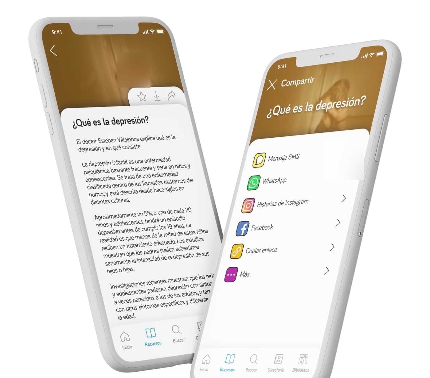 Two phones showing an article on childhood depression with save, download and share actions, and the share sheet listing messaging apps and a copied link