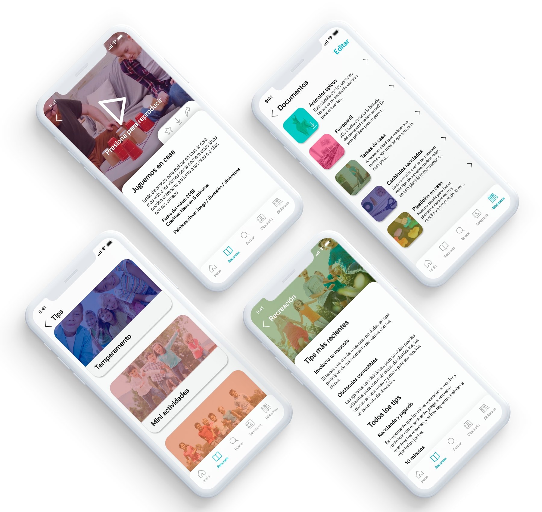 Four phones: a video resource, a list of saved documents in the Library, a Tips screen and a recreation article