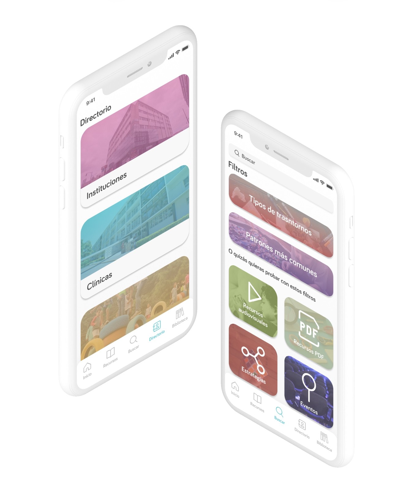 Two phones: the Directory with institutions and clinics, and Search with filters by disorder type and pattern and shortcuts to videos, PDFs, strategies and events