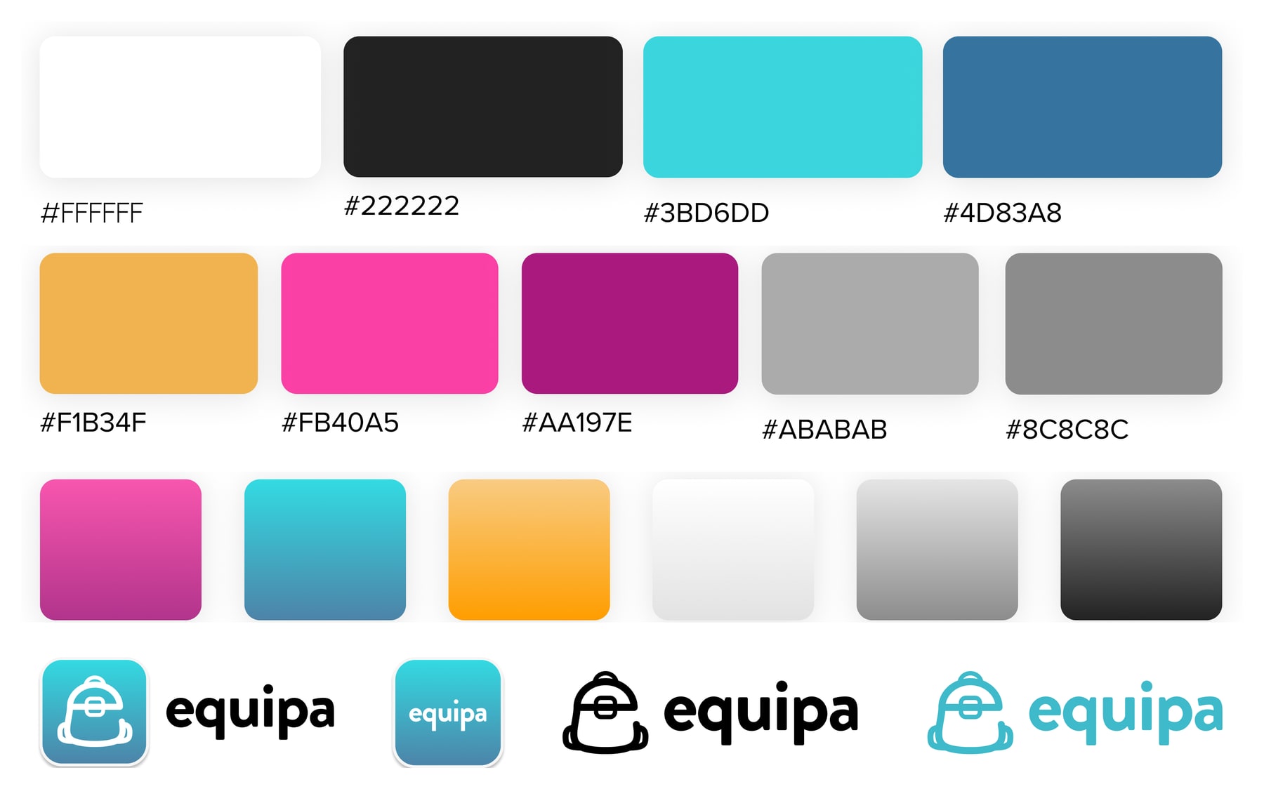 The Equipa palette: white, near-black, cyan and blue as primary colors; amber, pink, magenta and two grays as secondary colors; six gradients; and four versions of the logo
