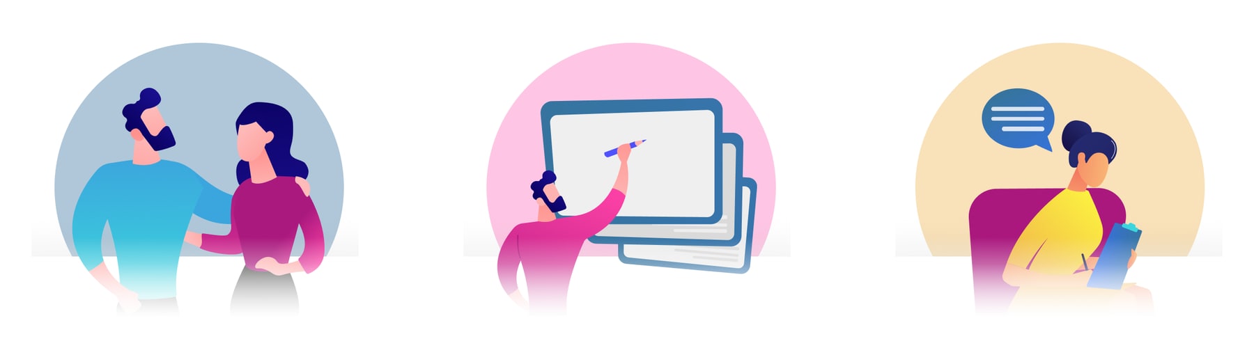 Three illustrated personas: a couple standing together, a person writing on a presentation screen, and a person seated with a notepad beside a speech bubble