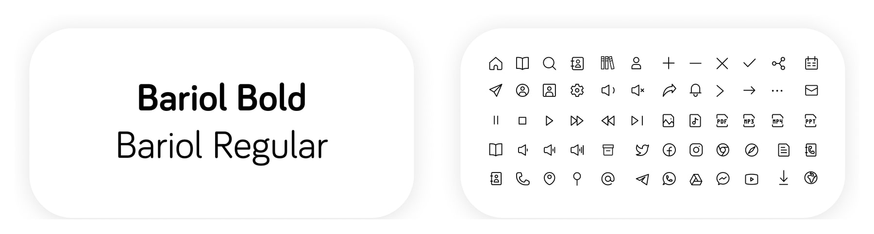 A card showing the typeface Bariol in Bold and Regular, beside a card with the app's line icons