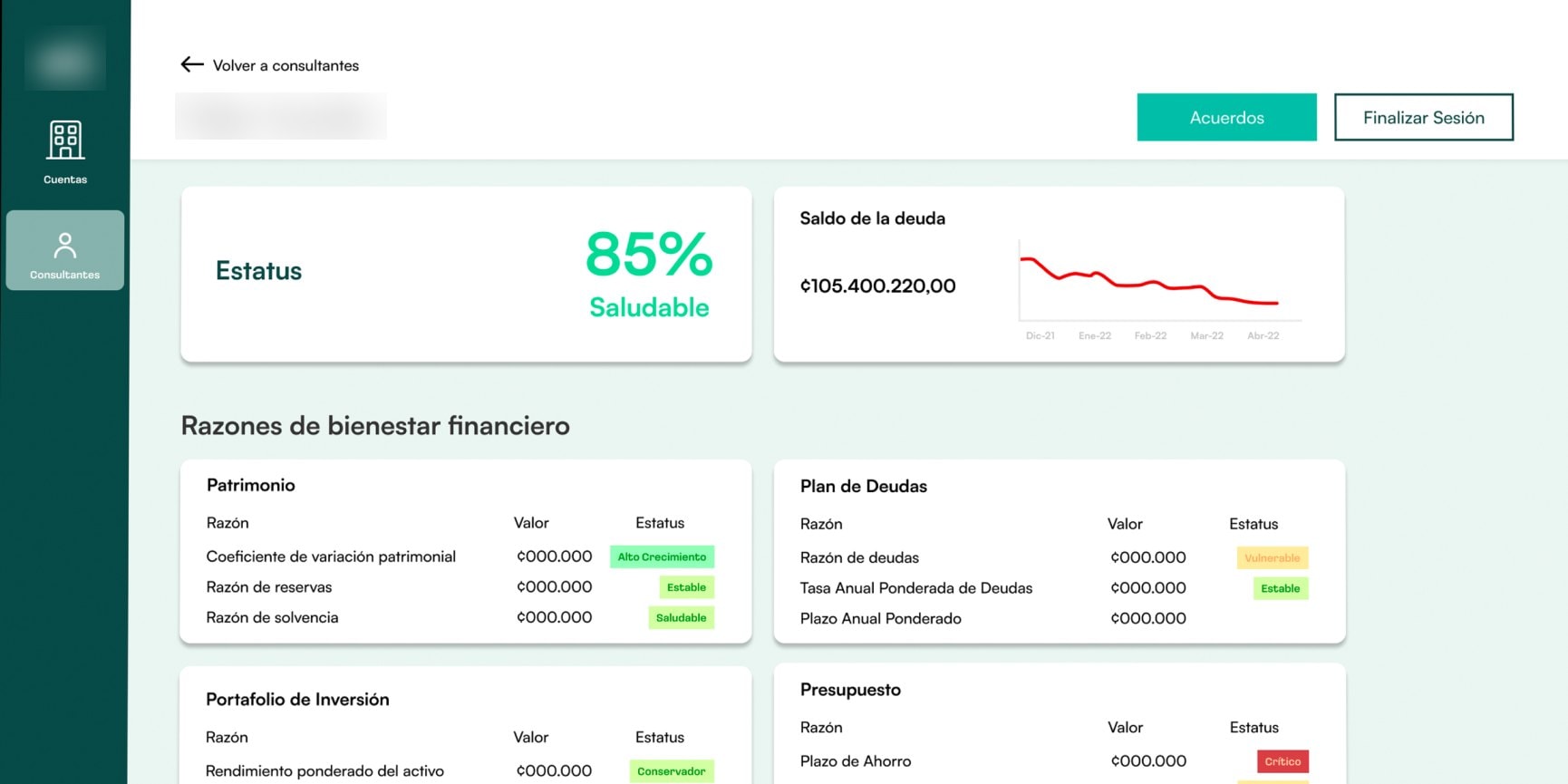 Concept screen for a client's financial dashboard: an overall status of 85%, healthy, a debt-balance line falling month by month, and four groups of financial well-being ratios with a status tag on each. Logo and client name blurred.
