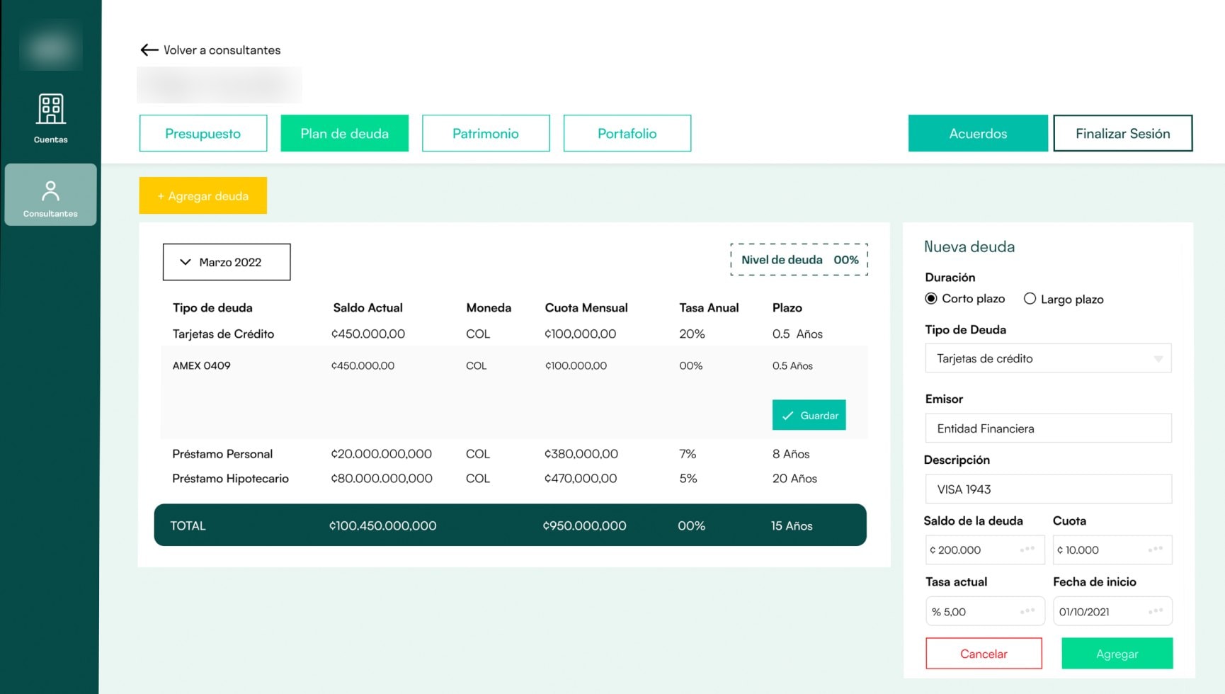 Concept screen for the debt plan: a table of debts by type with balance, currency, monthly payment, rate and term, a total row, and a form to add a new debt. Logo and client name blurred.