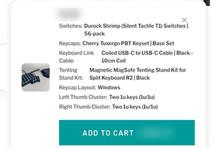 A build summary card listing the chosen switches, keycaps, keyboard link cable, tenting stand kit, keycap layout and left and right thumb clusters, with an Add to cart button. Product name and price blurred.