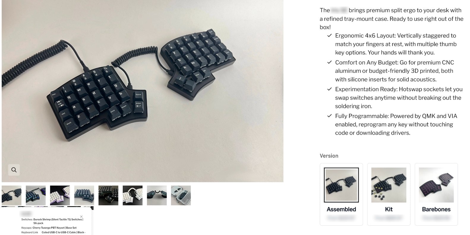 A Shopify product page for a split mechanical keyboard: the product photo on the left; on the right, a short description, four checkmarked benefits and the configurator's first step, a choice of three versions. Product name and prices blurred.