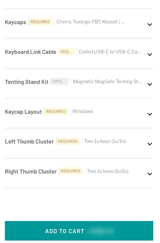Configurator rows for keycaps, keyboard link cable, tenting stand kit, keycap layout and left and right thumb clusters, each tagged required or optional, above an Add to cart button with the total. Price blurred.