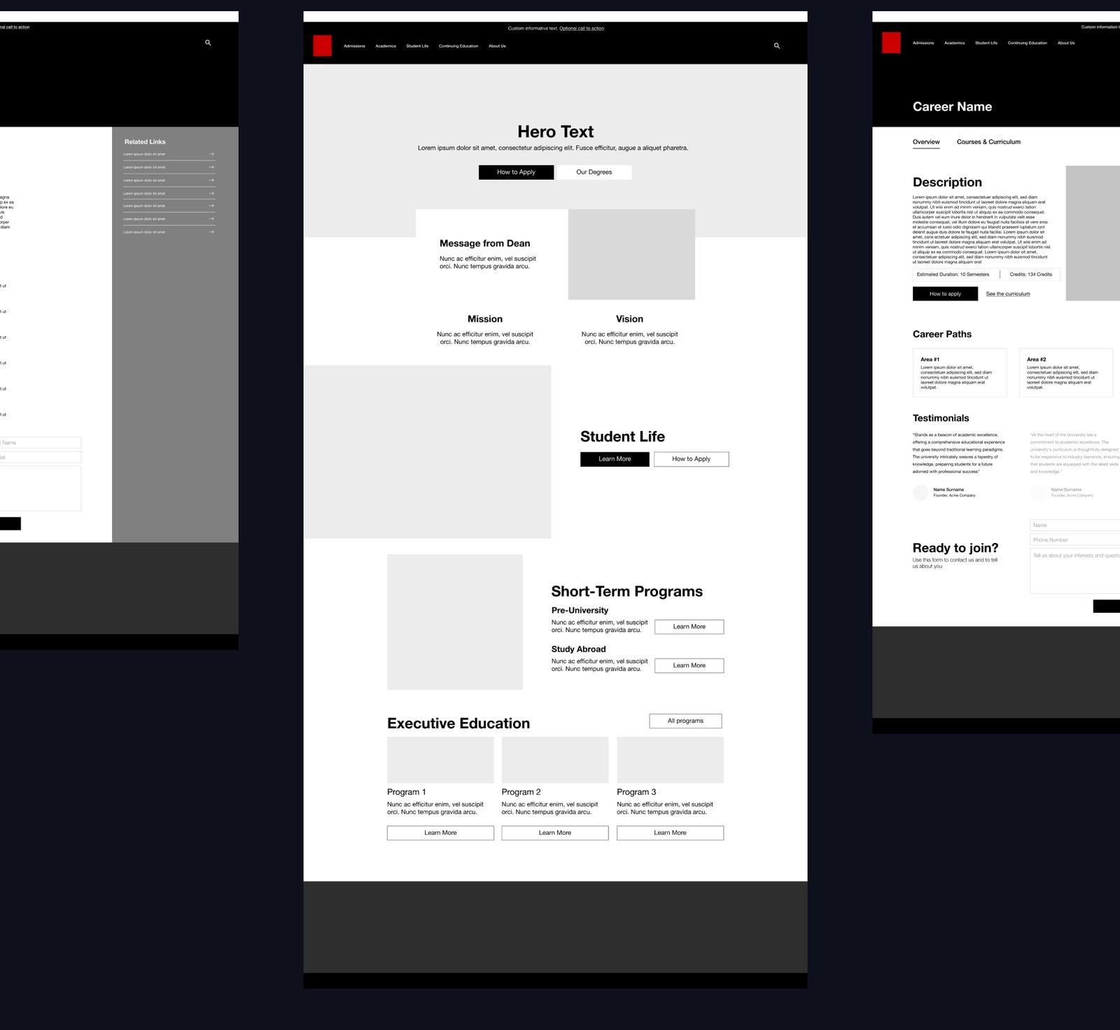 Grayscale wireframes of the home page and a degree page, with a hero, How to Apply and Our Degrees buttons, student life, short-term programs, a degree description, career paths, testimonials and a contact form