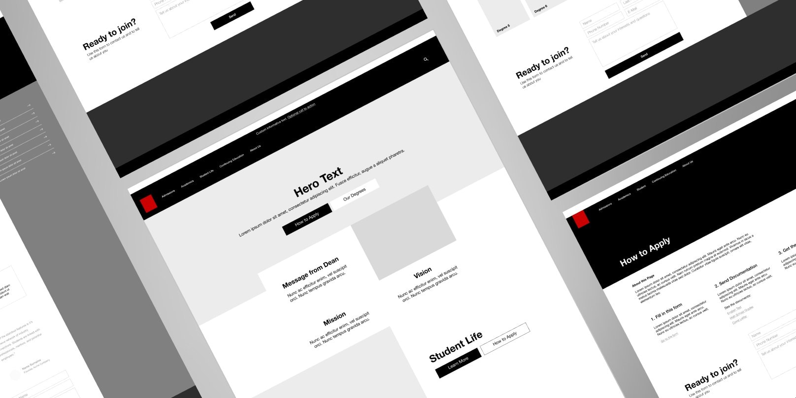 Grayscale wireframes of the redesigned university site laid out at an angle: a home page with a hero and student life, How to Apply pages and an undergraduate degrees grid
